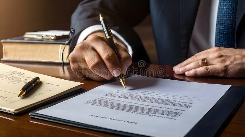 Person i kostym skriver under ett juridiskt dokument vid ett skrivbord